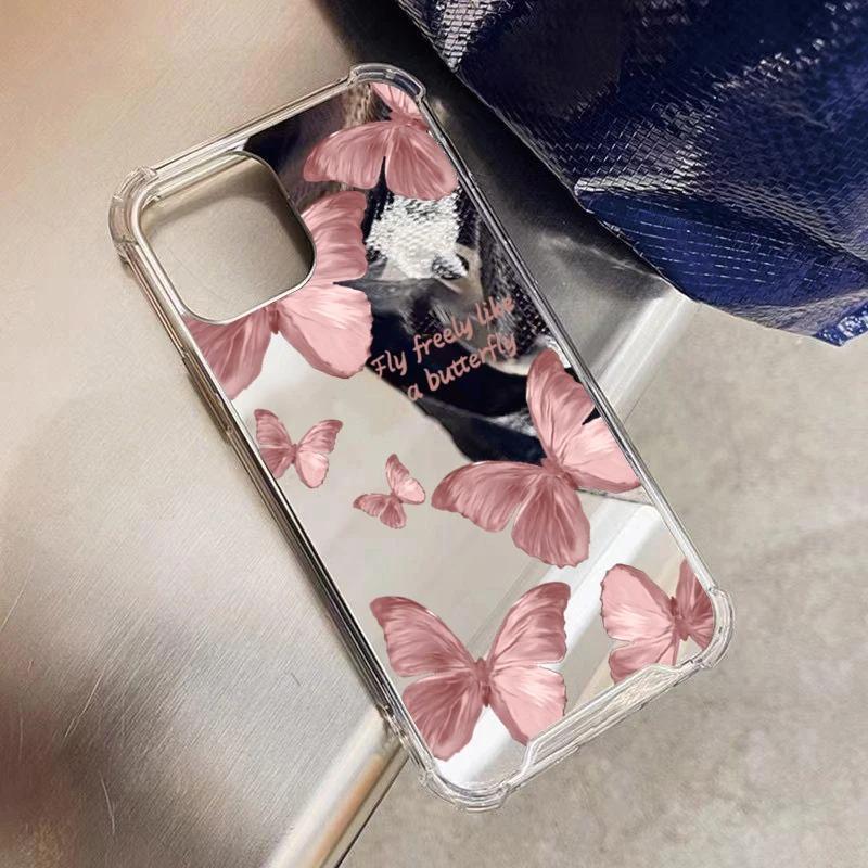 Pink Butterfly Mirror Phone Case For Samsung Galaxy A06 A14 A23 A36 A52 A55 A56 S25 S24 S23 S22 S21 Ultra Plus FE Silicone Cover