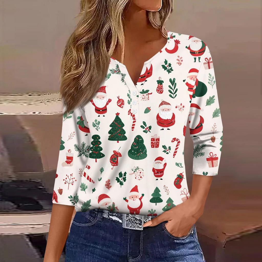 Dámské tričko Vánoční potisk Knoflík 3/4 rukáv Denní Víkendová Móda Základní Výstřih do V Běžný Top