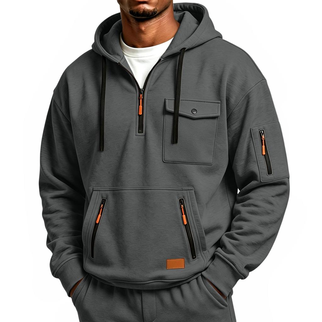 Sudadera con capucha y cremallera de manga larga informal para hombre con múltiples bolsillos