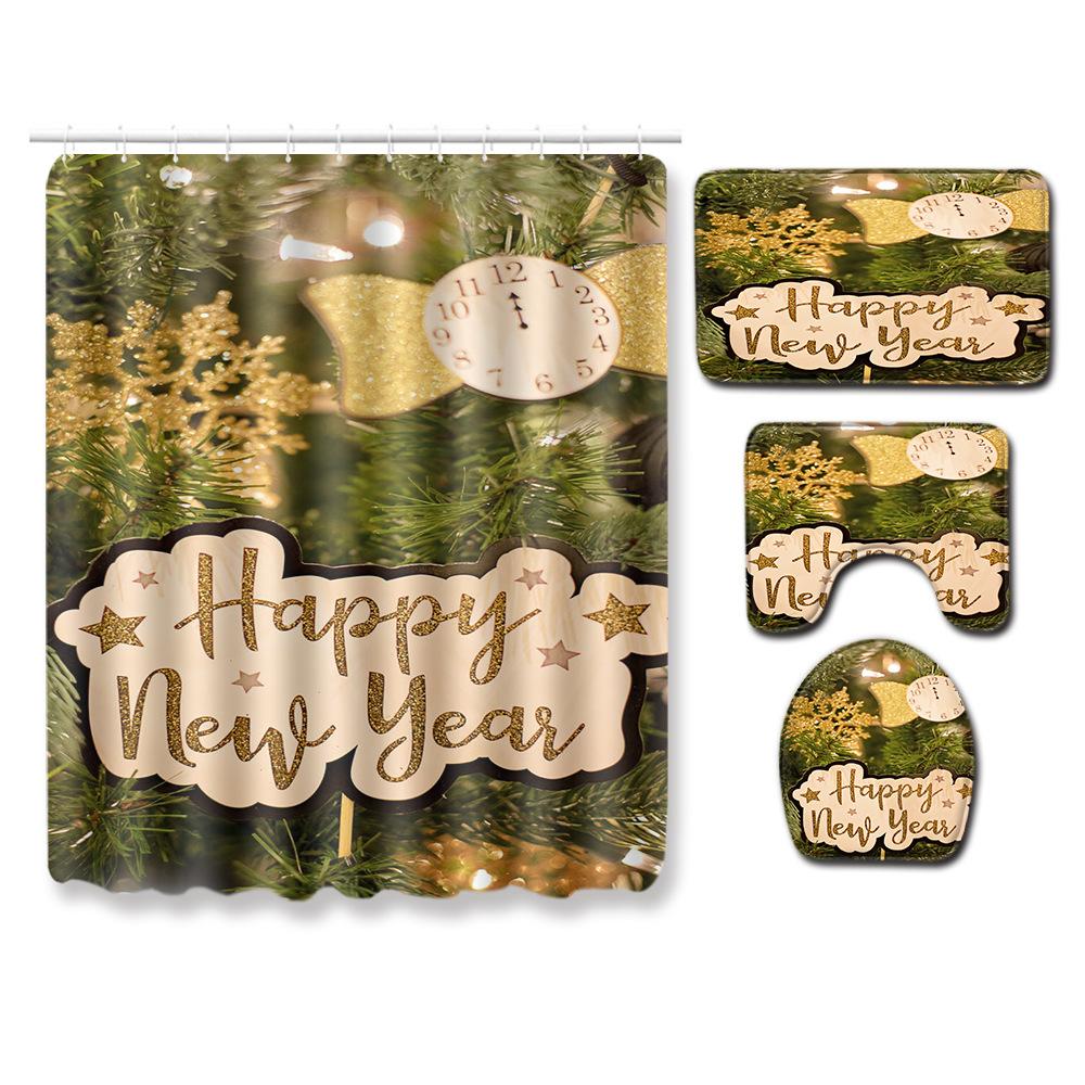 Christmas Shower Curtain Floor Mat Combination Four-Piece Set Bathroom Toilet Carpet Shower Room Mat Foot Mat