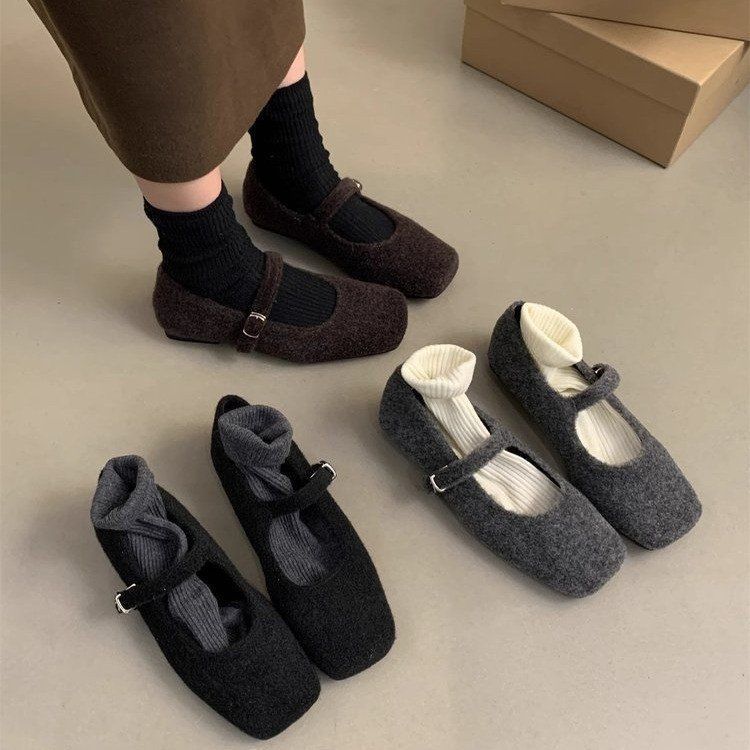 Fleece Warm Cotton Shoes Women's Fluffy Single Shoes Women's Winter New French Evening Breeze Square Head Flat Mary Jane Shoes