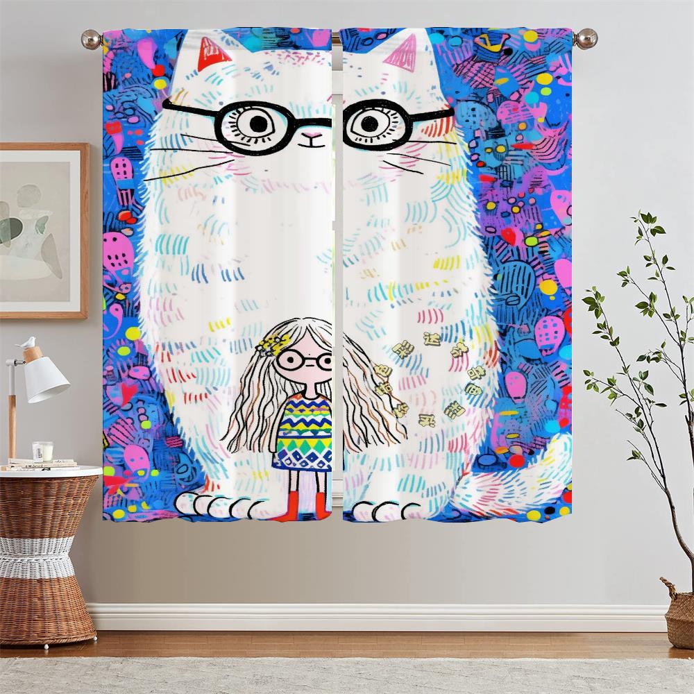 Big Cat and Girl Blackout Curtain for Living Room Decoration Tulle In Kitchen Curtains 2 Pieces Window Black Out Curtains Blinds