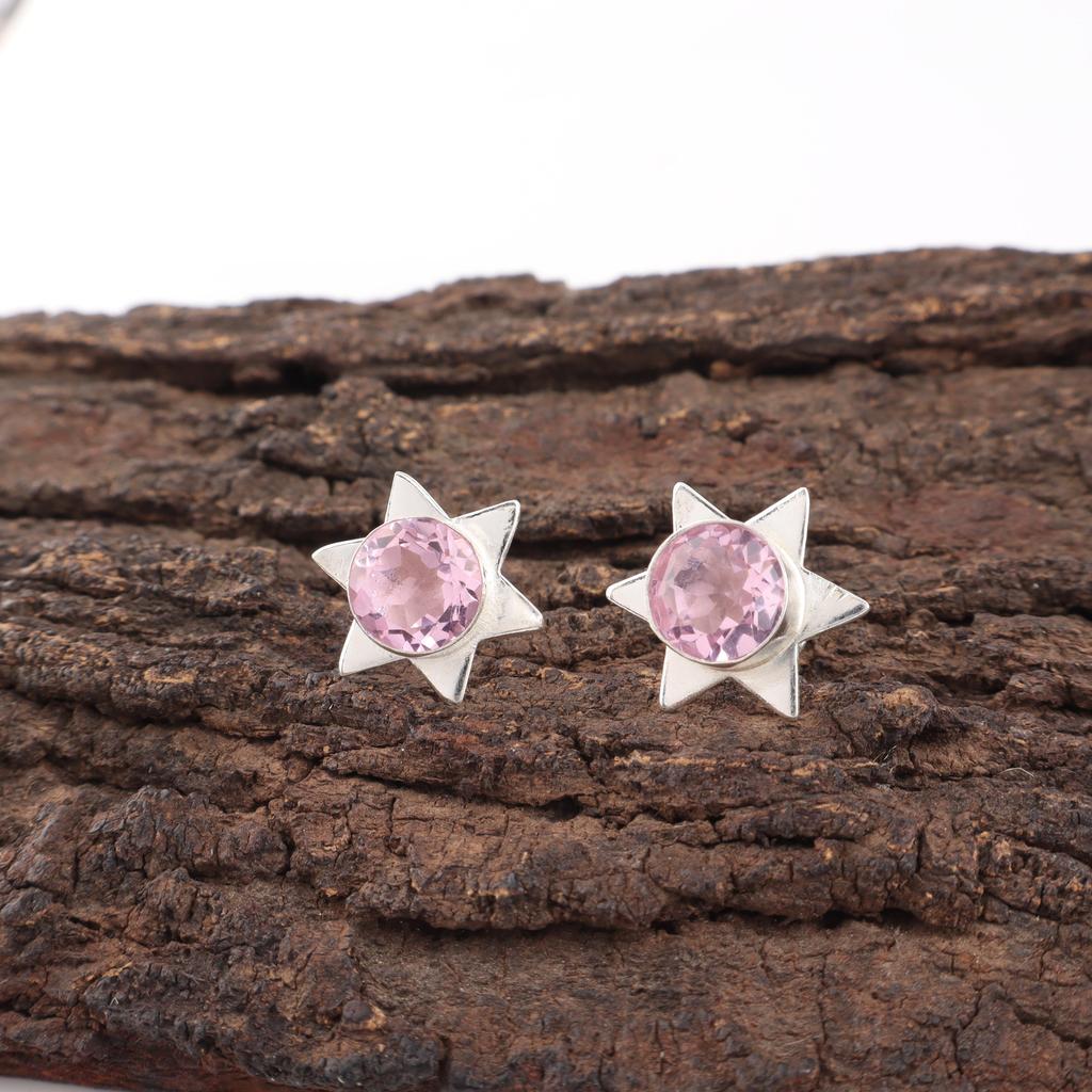 Morganite Earrings, Handmade Gemstone 925 Solid Sterling Silver Earrings Antique Jewelry, Beautiful Stud Earrings, Engagement Gift