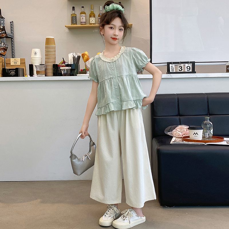 Big Girl Summer Casual Suit Korean Fashion Slim Fit Little Girl Short Sleeved Wide Leg Pants Two-piece Set