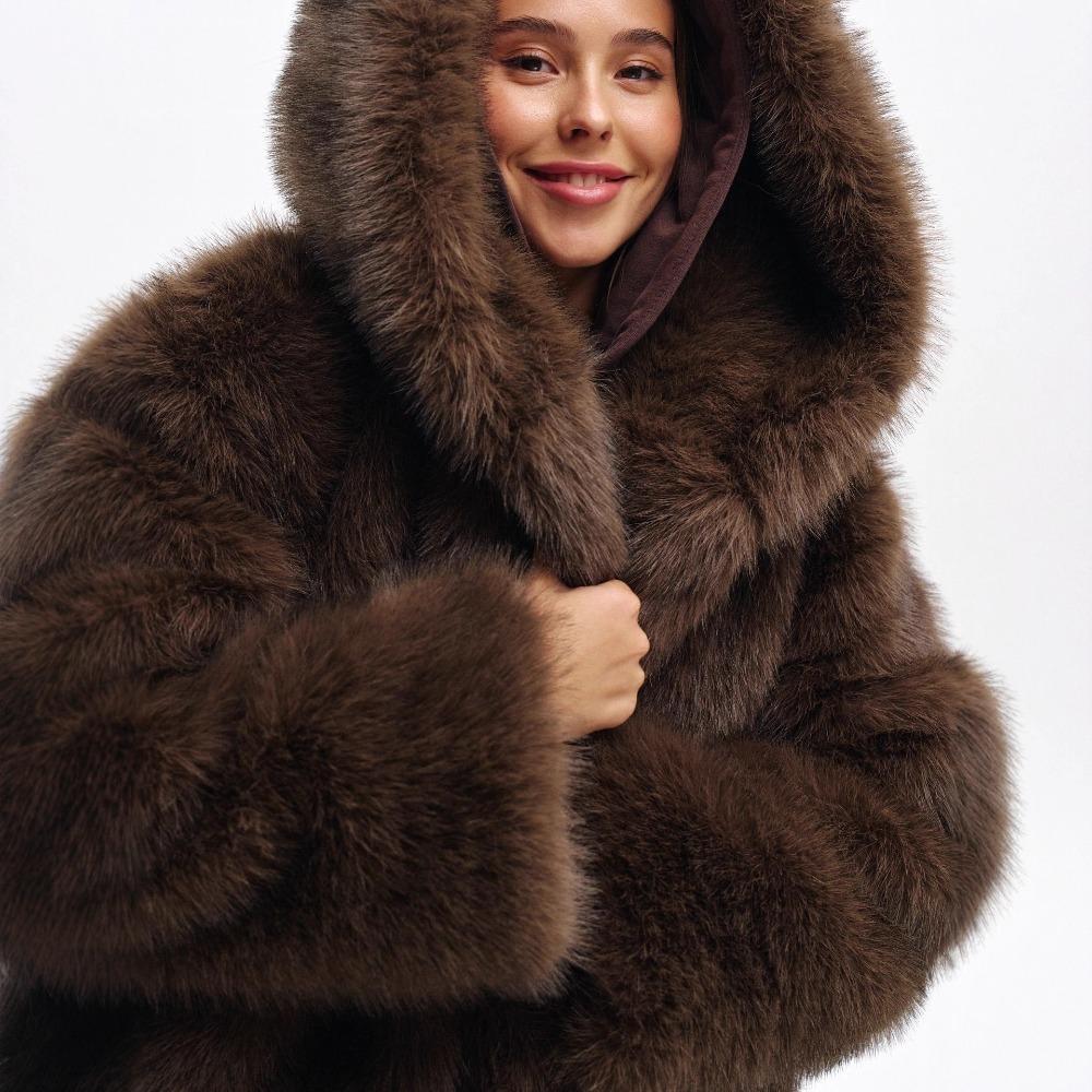 Women's Hooded Long Sleeve Faux Fox Fur Jacket Loose Fit Street Style Furry Coat