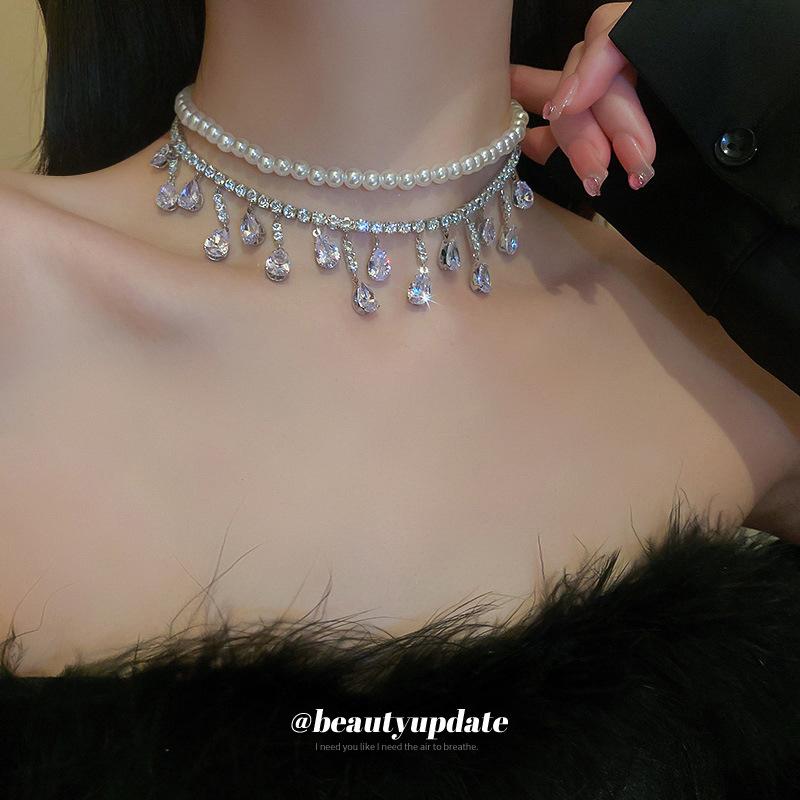 Baroque Zircon Pearl with Diamonds, Drop-shaped Pendant, Necklace, Neck Chain, Collarbone Chain, Temperament Necklace.