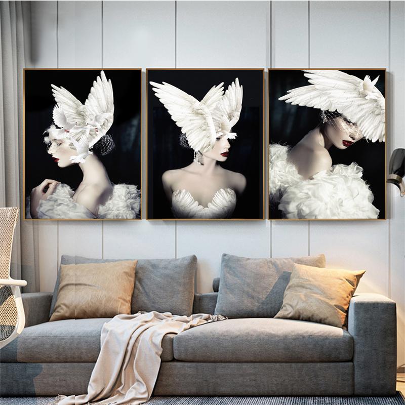 Nero Bianco Moda Donna Ali di piccione Cappello Astratta Tela Poster Stampa Stile nordico Pittura Immagine Moderna Home Decor