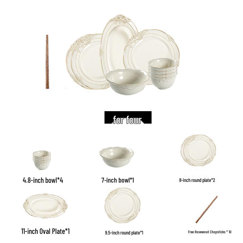 Set de Veselă Ceramică în Stil European cu Relief: Farfurii de cină, Boluri de orez, Boluri de salată și Farfurii pentru friptură