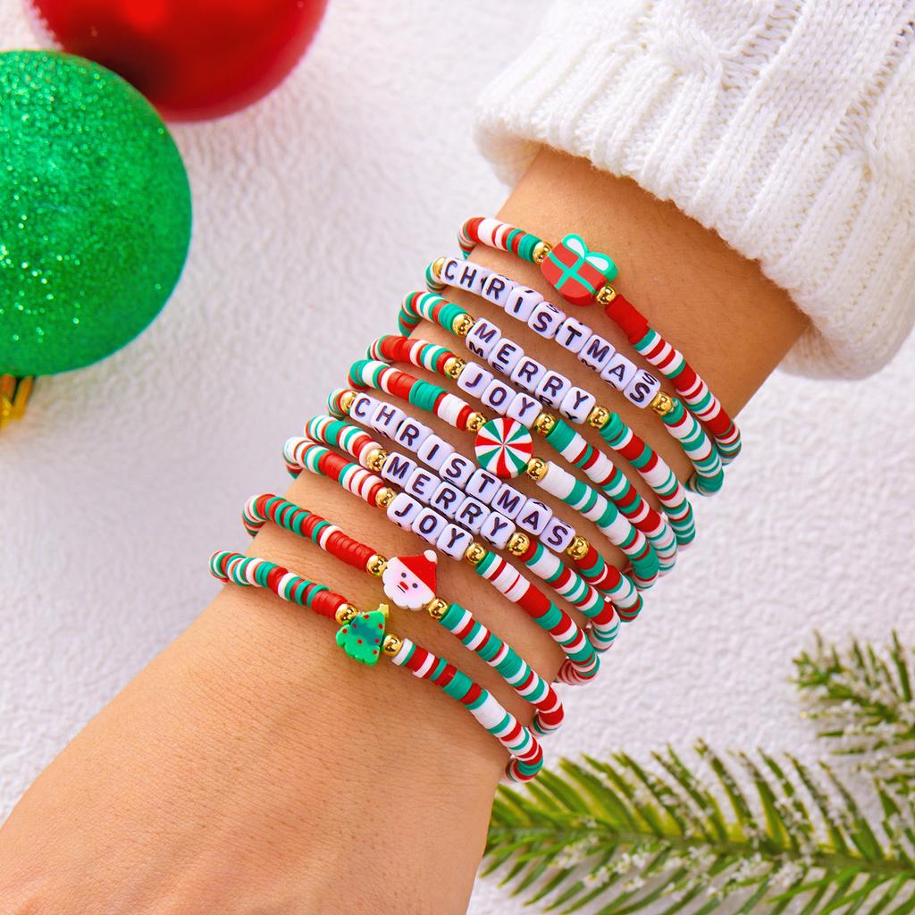 10Pcs/Set Colorful Soft Clay Beads Christmas Tree Santa Claus Beaded Bracelet Set For Women Stackable Bangle Handmade Party