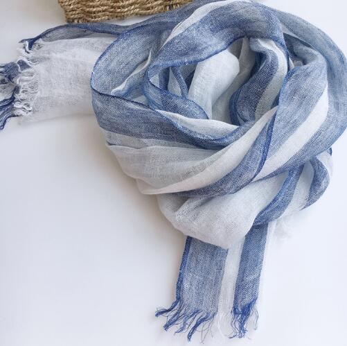 Japan Design Spring And Summer Thin Pure Linen Vertical Stripe Men's And Women's Scarves Long Shawl With Tassels
