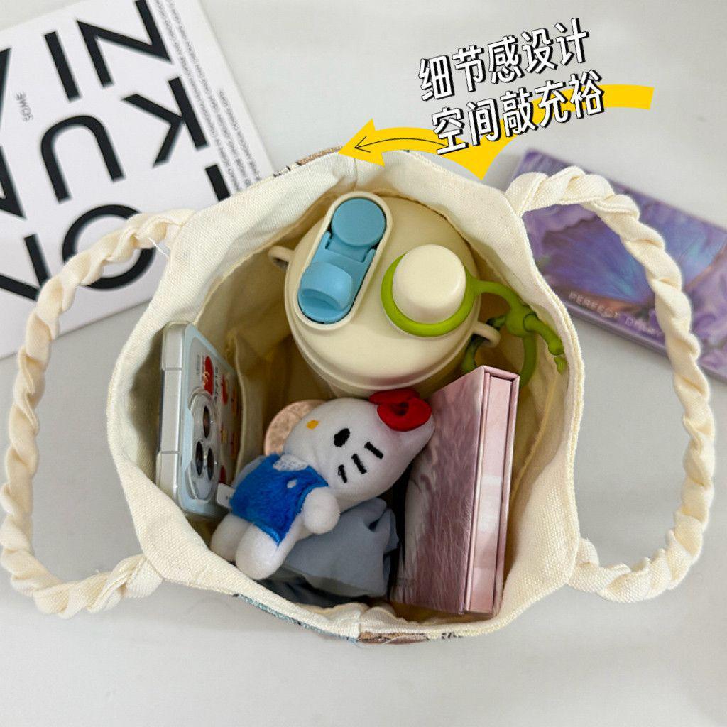 2025 Cute Cartoon Zipper Canvas Bucket Bag - Small Tote for Students and Moms