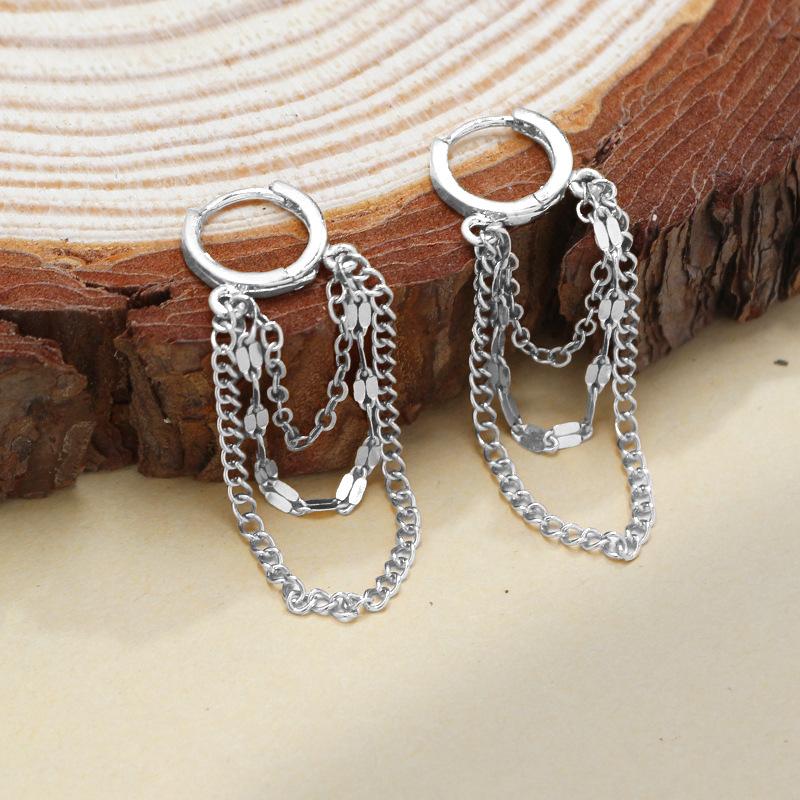 Tassel Chain Round Copper Buckle Earrings Unisex Fashion Jewelry