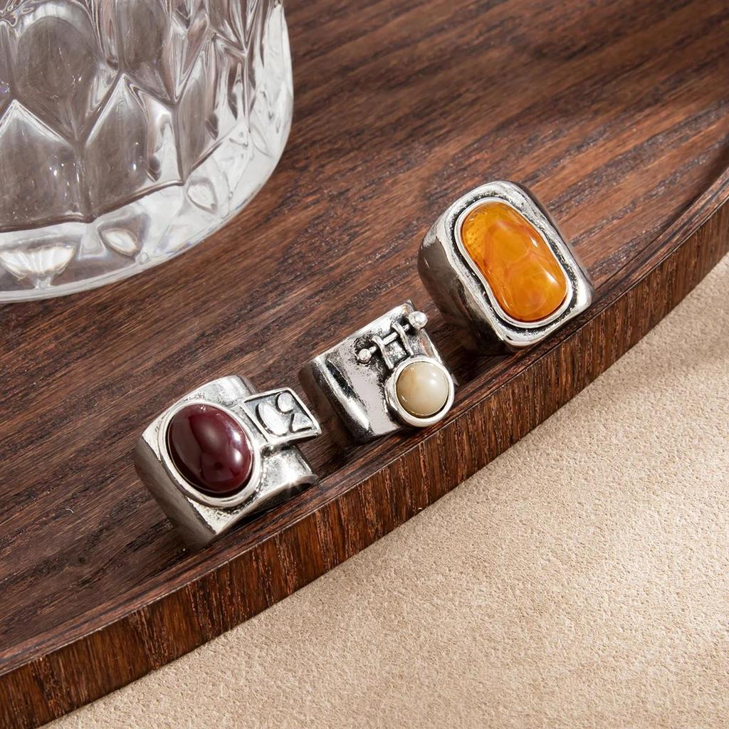 New 3Pcs/Set Personality Inlay Resin Rings for Women Vintage Metal Geometric Open Adjustable Ring Party Jewelry Accessories