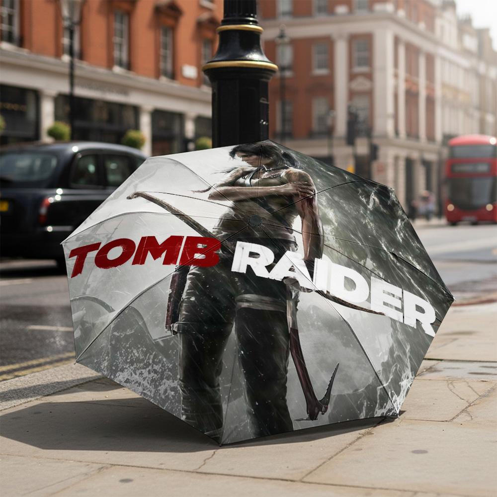 1 Pezzo Ombrello Pieghevole Automatico - Modello Tomb Raider, Design Portatile e Pieghevole con 8 Stecche, Regali di Natale e Compleanno