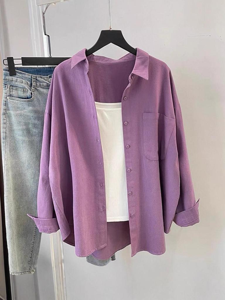 Women's Solid Color Cotton Shirt - Spring/Autumn Korean Style, Casual Loose Fit, Versatile Long Sleeve Jacket Top