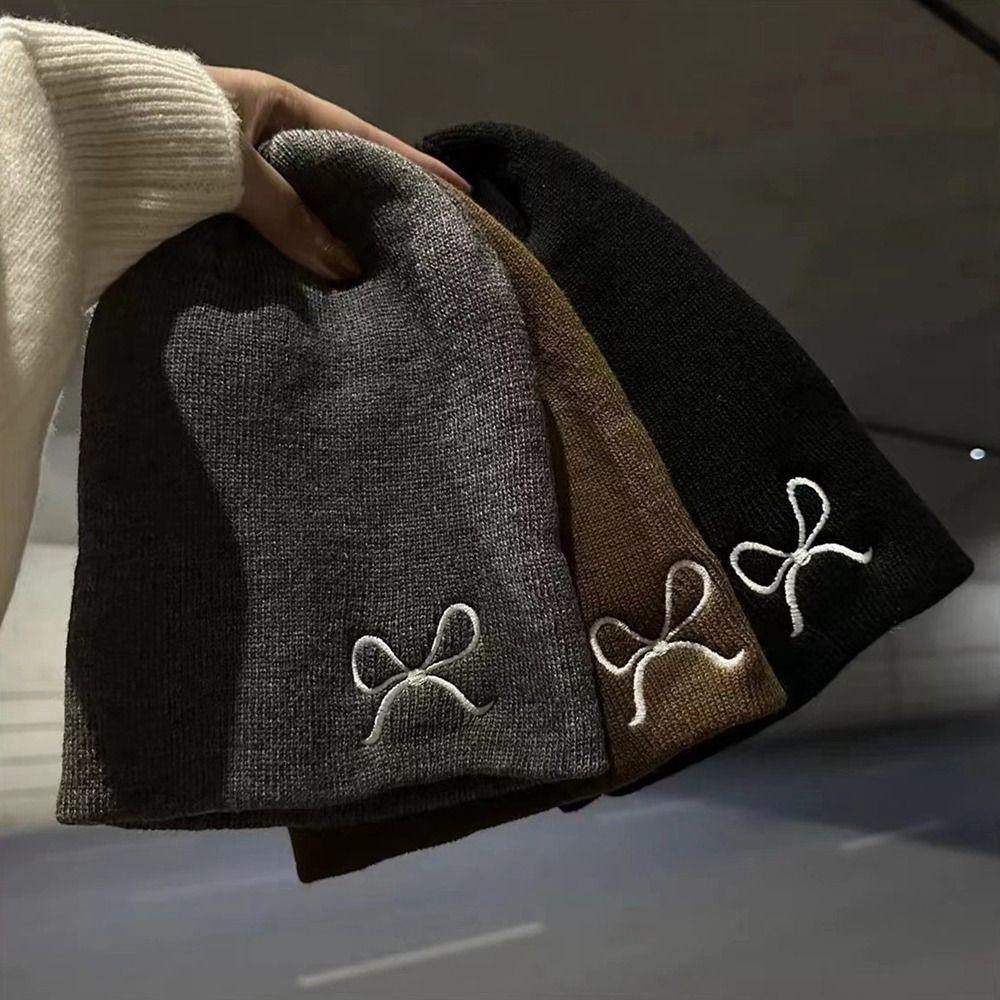 Warm Embroidery Bow Knitted Hat Bowknot Beanies Casual Knit Cap  Apparel Accessories