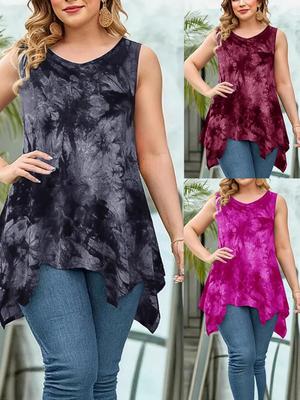 Top sin mangas para mujer talla grande con cuello en V y bajo irregular tie-dye 2026