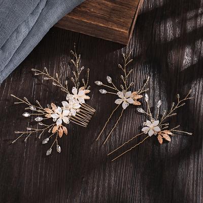 White Flower Combs Bridal Hairpin Set Golden Handmade Crystal Bead Headpiece Hair Ornament Wedding Headdress Bridesmaid Jewelry