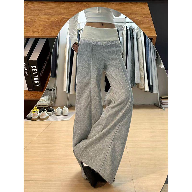 Damen Herbst Fleecegefütterte Gestrickte Spitzen Weitbein Hose - Vielseitig, Lässig, Bodenlang