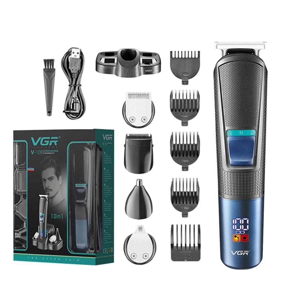 Original VGR 108 Multi-functional Hair Clipper 5-in-1 Rechargeable Shaving Nose Sideburns Electric Trimmer for Men Electric Digital Display LED Shaver