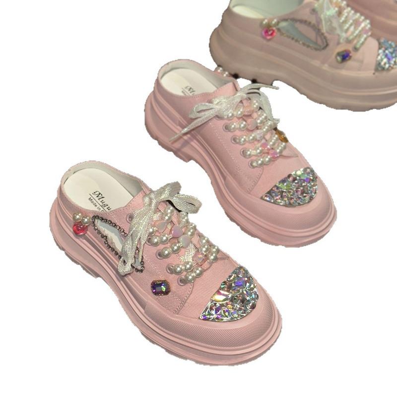 Baotou Half-slipper Women's Summer Thick-soled Sequined Net Slipper Without Heel Height-increasing and Slimming Women's Shoes