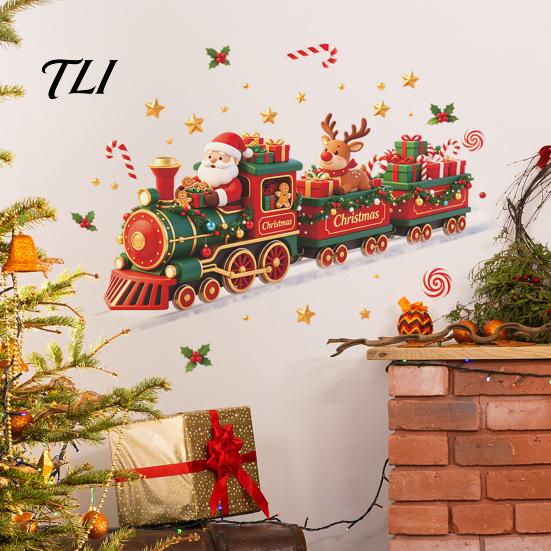 Christmas Window Clings Train Wall Sticker, Santa Claus Reindeer Decals, Self Adhesive Holiday Mural Murals, Removable PVC Art Decor for Home