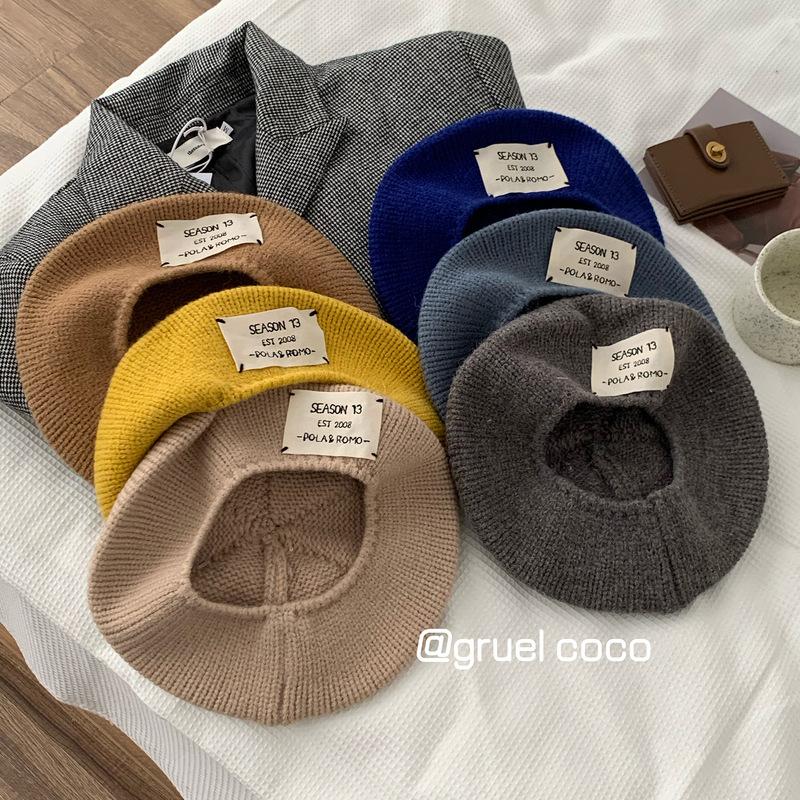 Porridge Cocoa Knitted Hat Woolen Hat Label Beret Women Autumn and Winter Versatile Warm Big Head Painter Hat