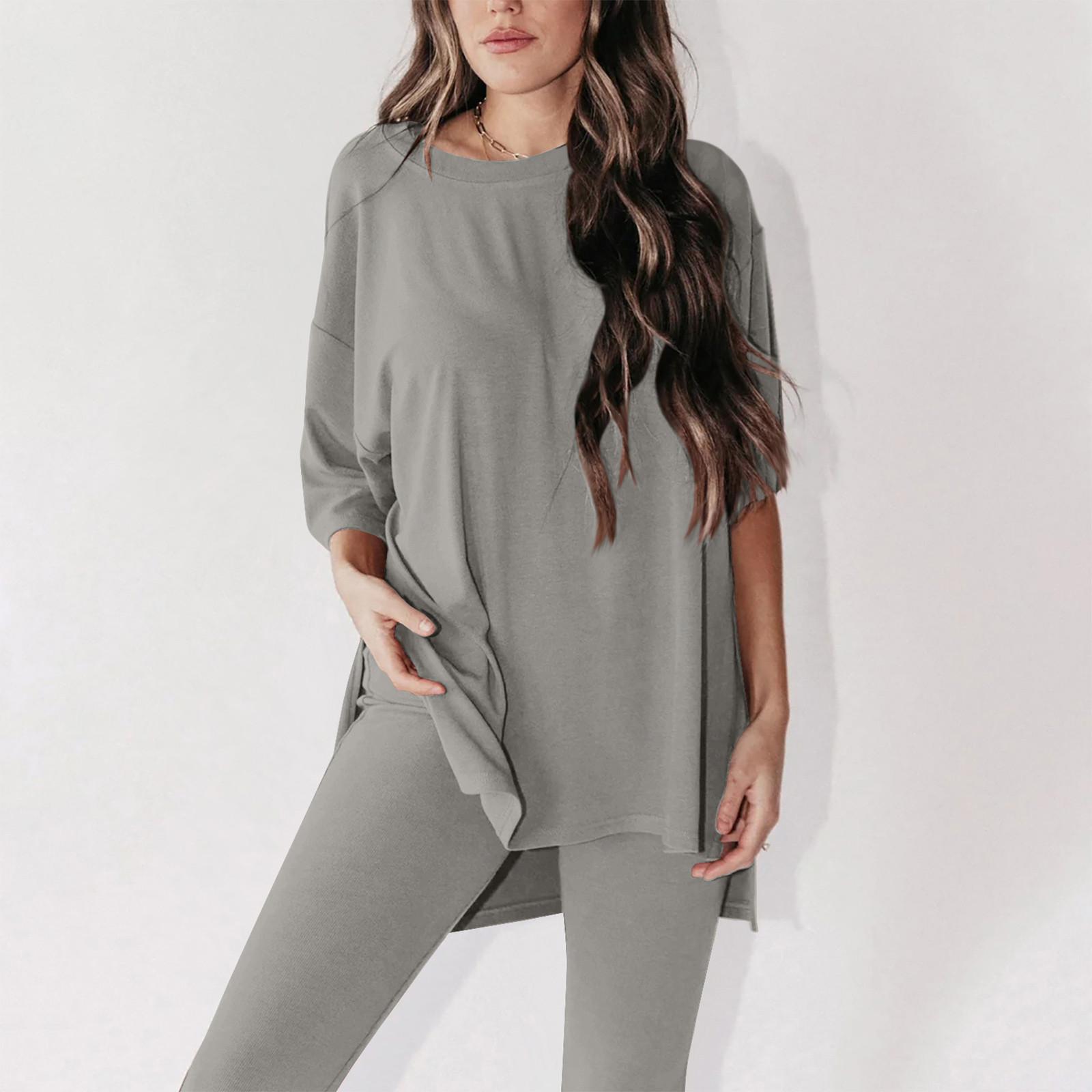 

Женский летний комплект из 2 предметов с круглым вырезом и короткими рукавами, заниженными плечами, топ для больших мальчиков и обтягивающие байкерские шорты для йоги, комплект XL серый