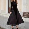 Black Velvet Splicing Big Swing Dress, High Neck Long Sleeve Waist Retro Elegant Banquet Daily Wear Dress