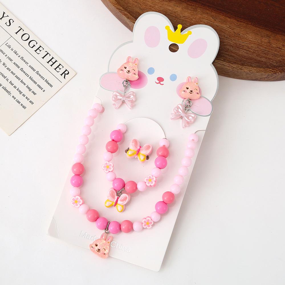 

Kids Cute Rabbit Cartoon Necklace & Bracelet Set - Multicolor Beaded Accessories for Girls