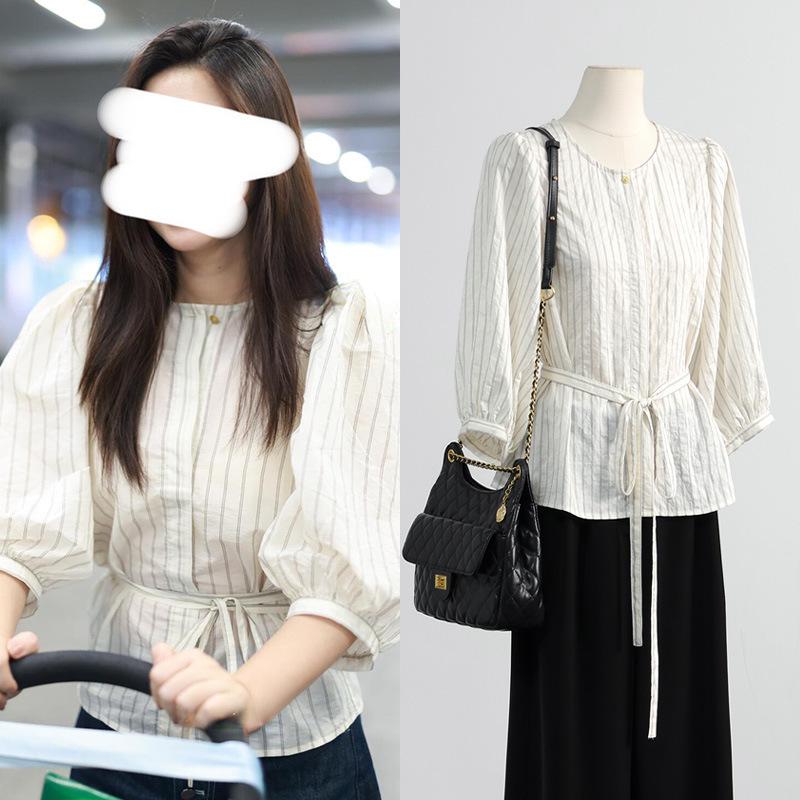 Off-White Striped Puff Sleeve Lace-Up Waist-Cinched Casual Shirt Medium