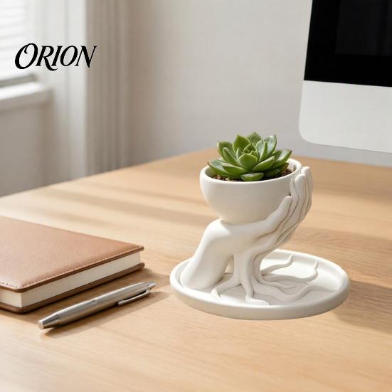 Minimalist PLA Resin Flower Pot 3D Printed Palm Shaped Succulent Planter with Drainage Tray, Holding Stable Base Small Indoor Mini Pot, Desktop Plant