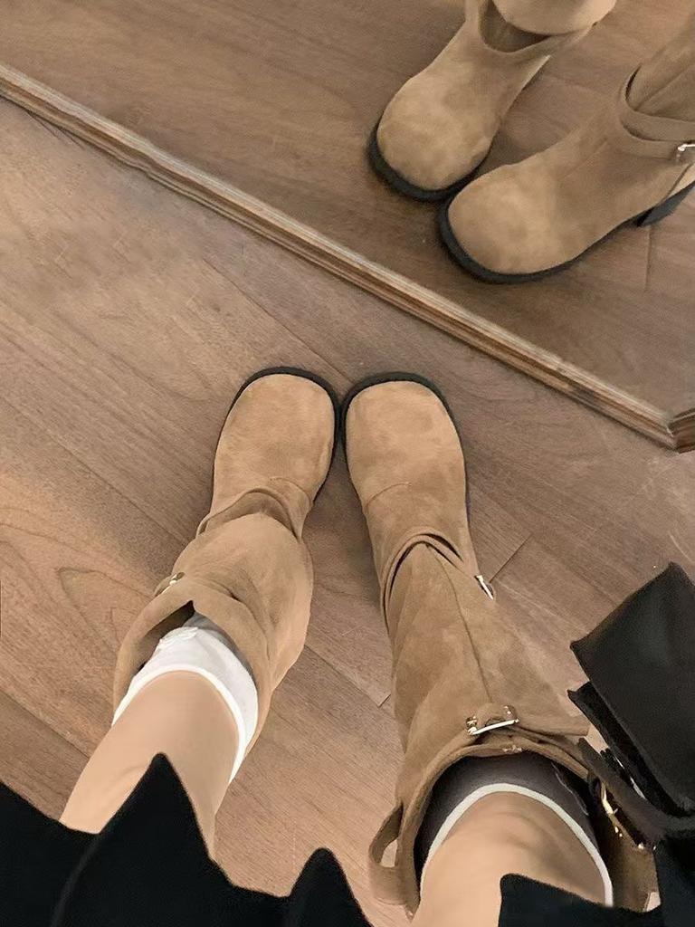 Thick heel thick sole pleated pile boots women's retro British style thin versatile knight boots 2025 autumn and winter