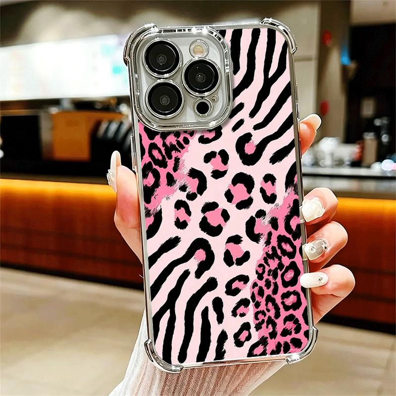 

Pink Leopard Print Soft Phone Case For iPhone 15 16 17 Air 14 Pro Max 16E Plus 13 12 Mini Plating Anti-Fall Fundas iPhone 16E