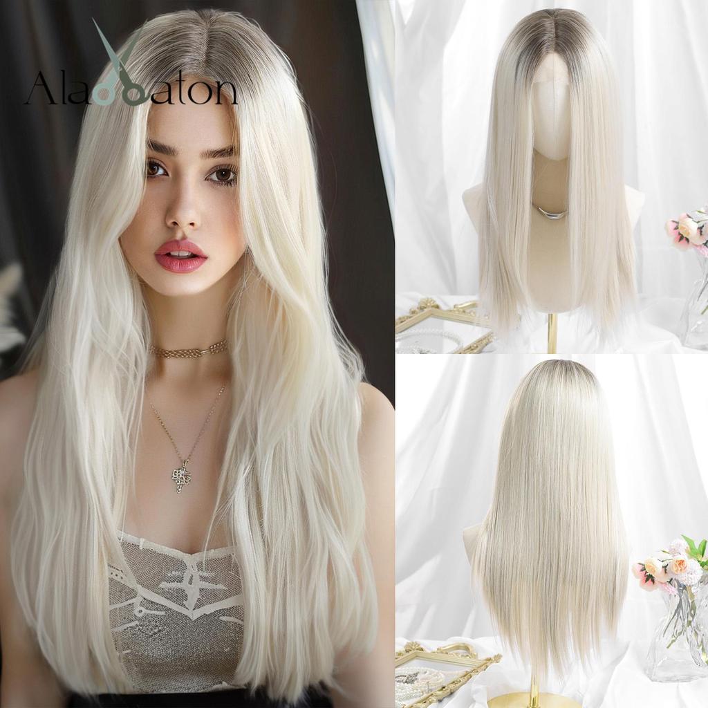 ALAN EATON Lace Front Blonde Ombre Wigs Synthetic Long Straight Wig with Dark Root for Women Daily Cosplay Party Heat Resistant Fiber