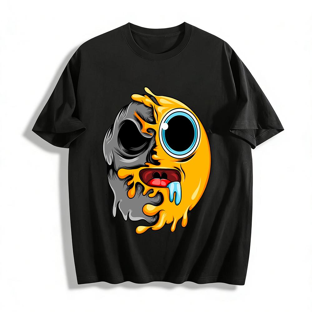 Melting Half Skull Emoji Print Trendy Cool Graphic Tee Pure cotton T-shirt XXS