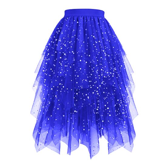Damenrock Sternenhimmelmuster Doppellagig Mesh Hoher Bund Rock mit unregelmäßigem Saum Asymmetrisch Hoher Schlitz Party Auftrittsrock