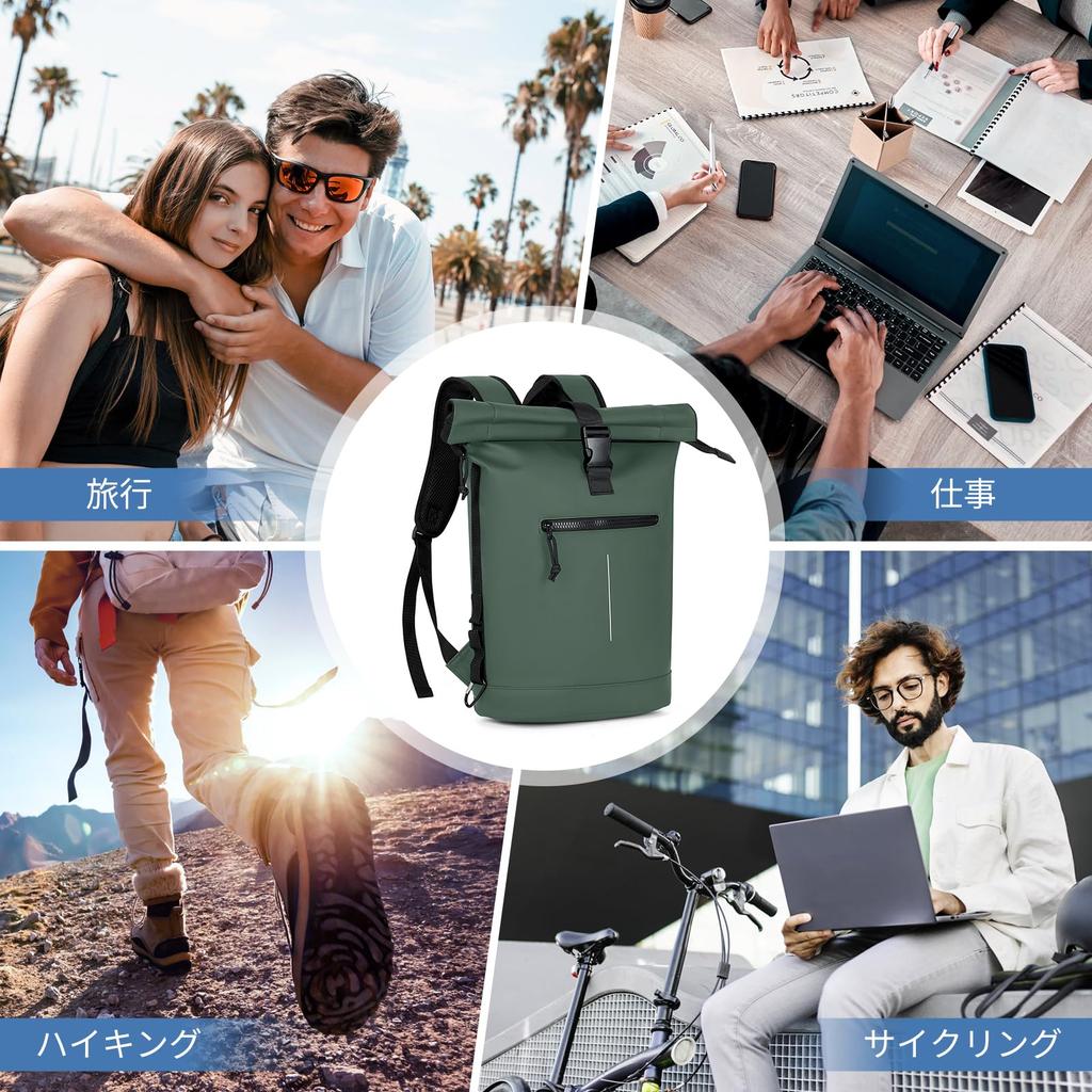 Fits Back Ventilated Side Suitable for Multifunctional Green [Lekesky] Roll-Top Backpack, Waterproof, Expandable, 18-25L, 17-inch Laptop, Lightweight,