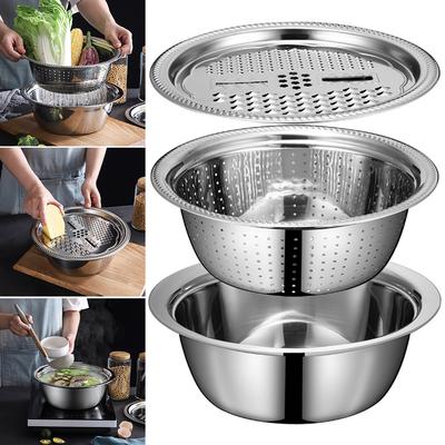 3 In 1 Stainless Steel Colander Strainer Bowl Set 26/28CM Vegetable Washing Bowl with Drain Basket for Vegetables Fruits Salad