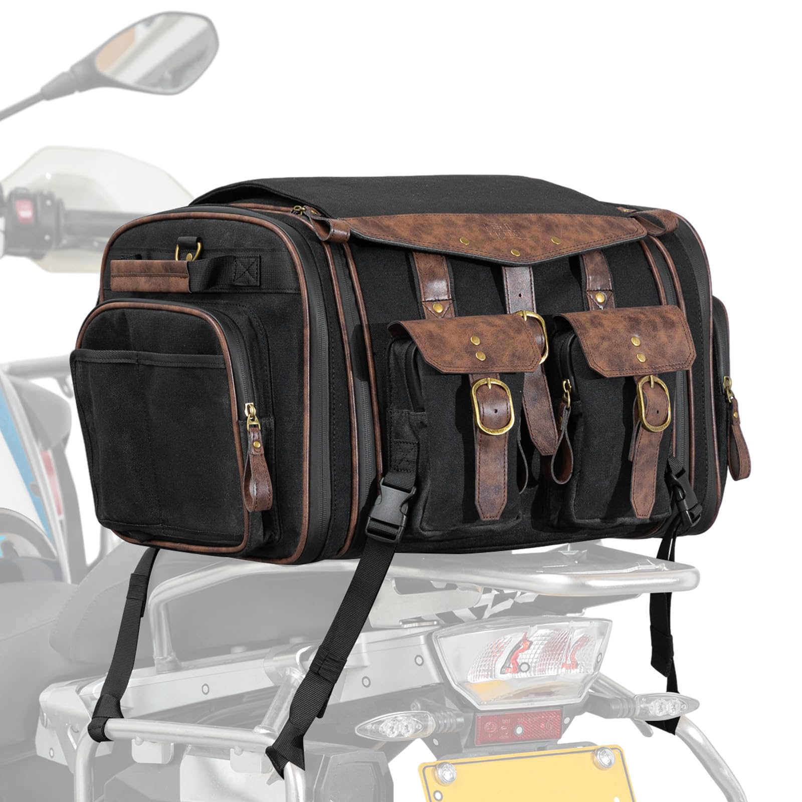 

KEMIMOTO Motorcycle Seat Large Waterproof Waxed Canvas Highly Touring Seat Back Rear Versatile Motorcycle Includes Rain KM1017 Bag, 45-60L Capacity,