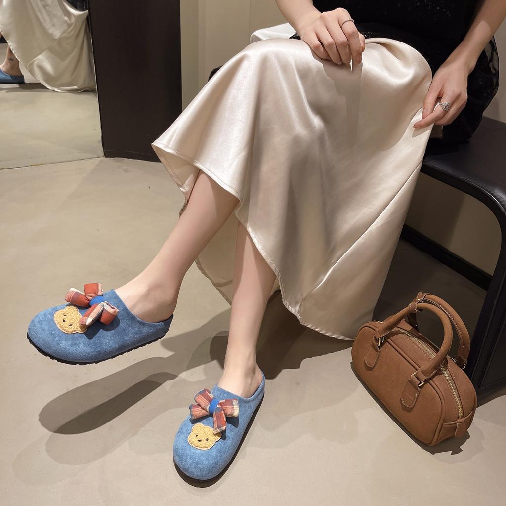 Autumn and winter fluffy shoes women's shoes women's one-word drag cute bear cartoon platform outdoor velvet thermal casual flat slippers