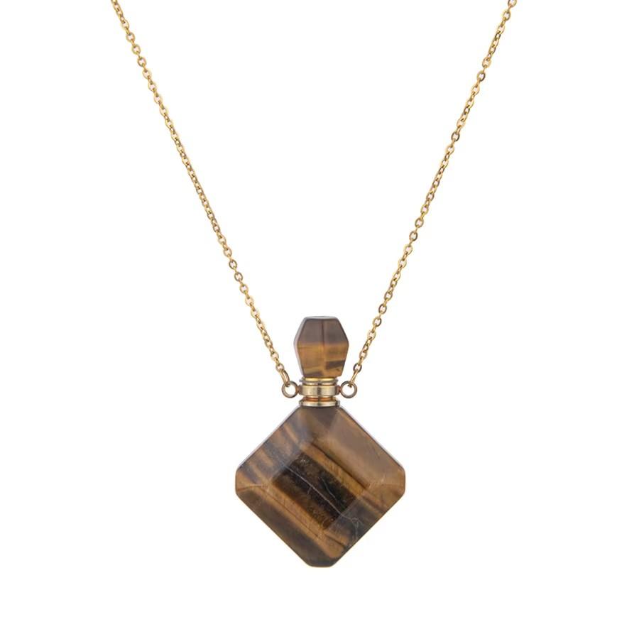 Natural crystal rhombus perfume bottle pendant necklace aromatherapy healing gemstone stainless steel necklace for women