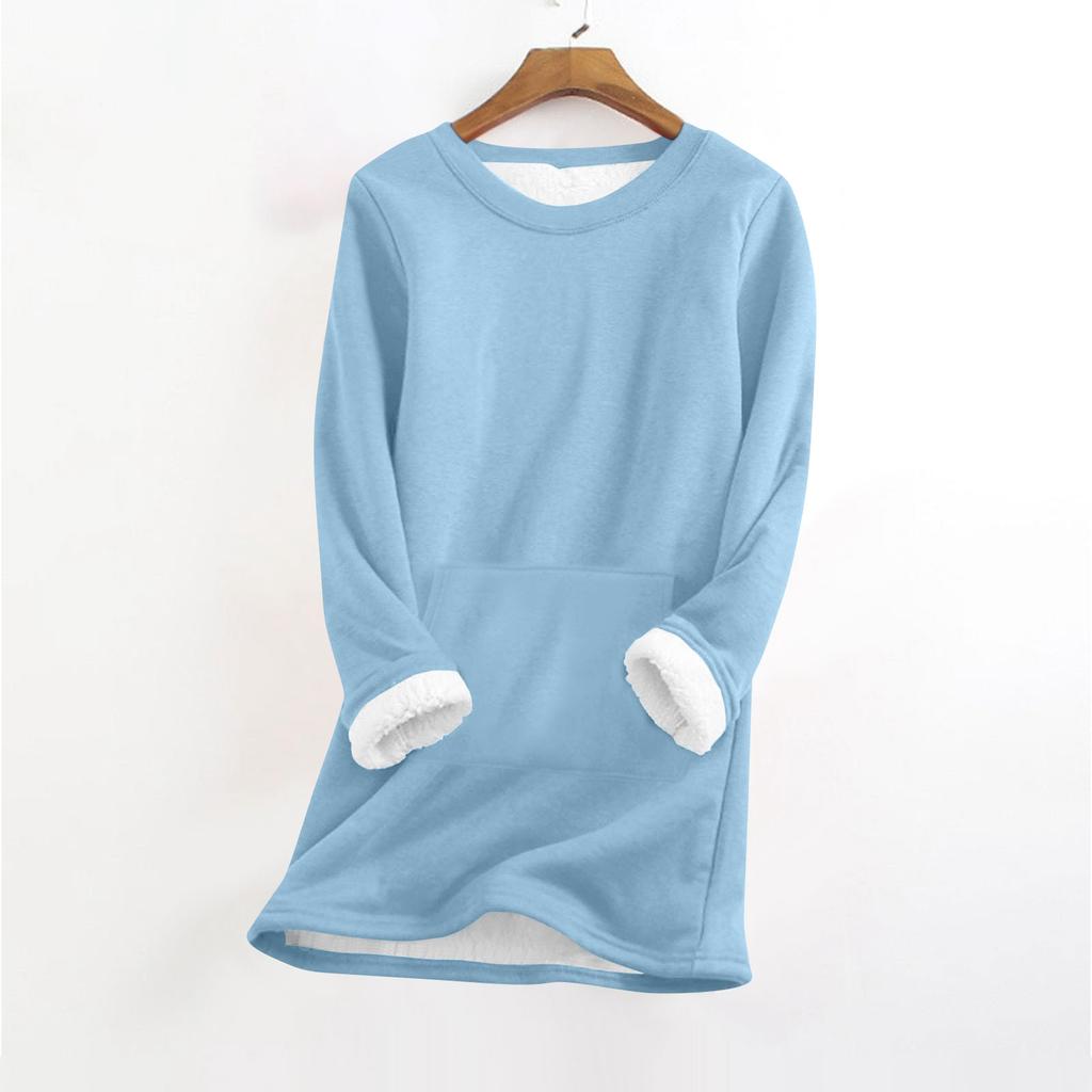 Women's Fashionable Solid Color Round Neck Long Sleeved Plush Warm Pullover Top