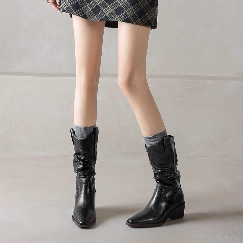 Maillard soft leather short boots women's autumn and winter boots stacking boots medium boots knight boots thick heel western cowboy boots