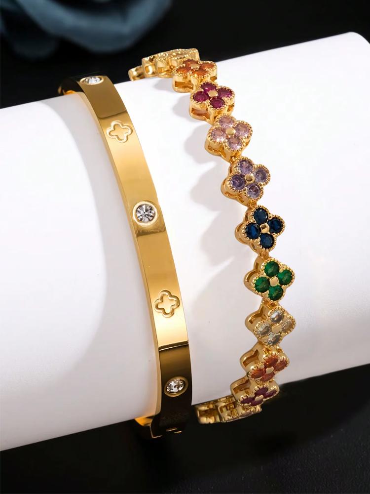 ZAKOL 2 Pcs Brilliant Zirconia Four-leaf Flower Bracelet Bangle Set for Women Exquisite Stainless Steel Daily Bracelets