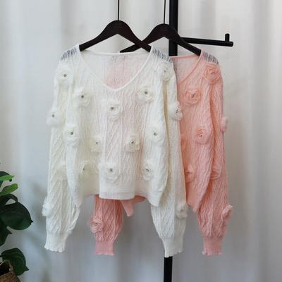 Pull en maille à fleurs tridimensionnelles, style industriel, idéal pour l'automne, fin et ample, pour femme.