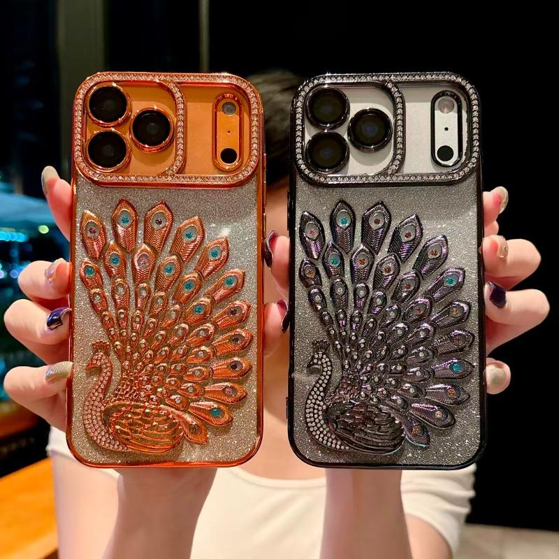 Peacock Plated Frame Glitter Stickers Rhinestone Lens Ring Case for For Iphone 17 Air 16 1 14 Plus 13 Pro Max Protect Soft Cover