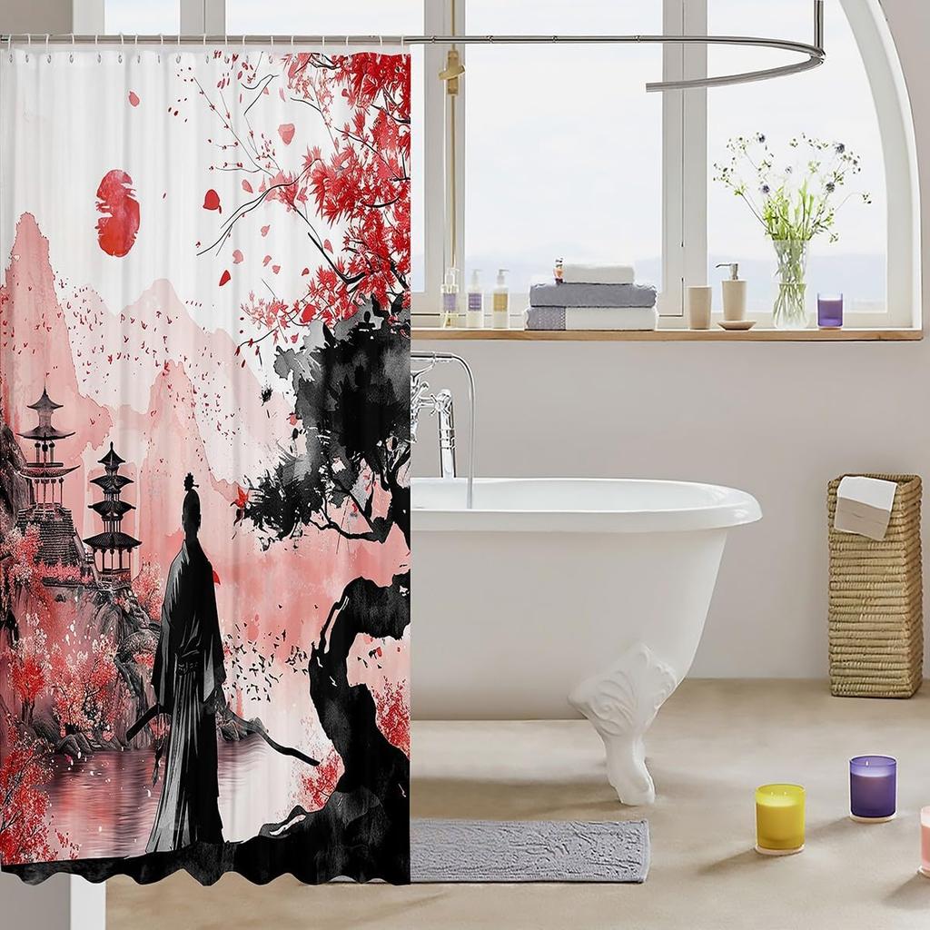 Japanese Samurai Bath Curtain Boys Girls  Landscape Shower Curtain for Kids Women Men Waterproof Sunset Bathroom Shower Curtain