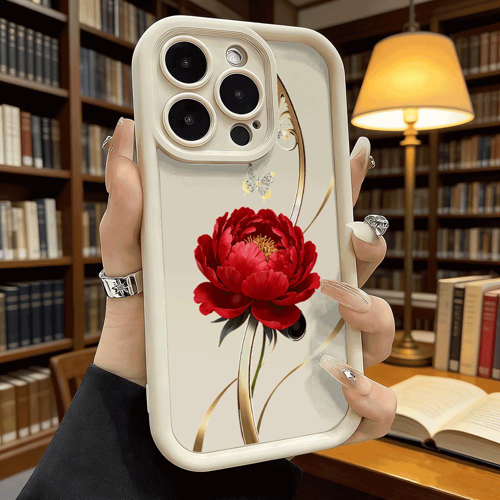 Red Peony Golden Swirls Luxury Anti-Slip TPU Phone Case For Xiaomi Redmi Note 15 14 13 12 11 10 9 Pro Full Protective Cover