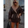 Fashion Sheepskin Neck Spliced Faux Leather Coat with Belt Women Loose Pocket Outerwears Winter Warm Thicken Street Jackets